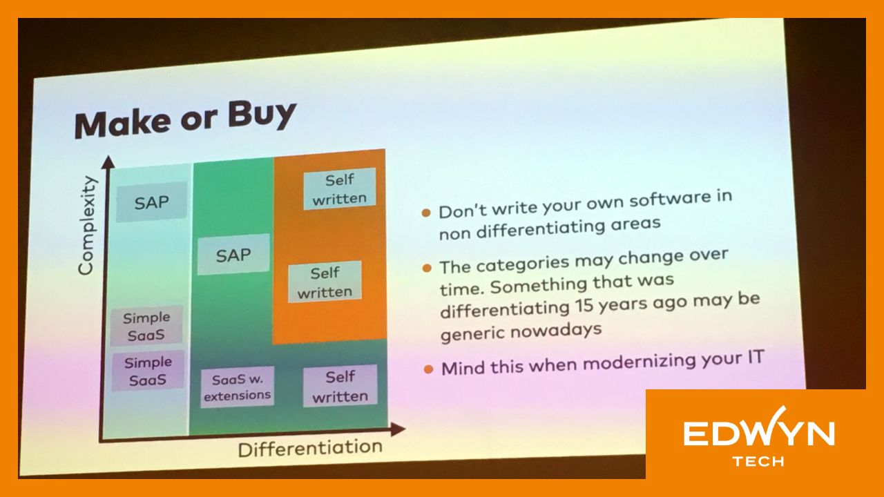 Photo d’une diapositive de la présentation de Michael Plöd présentant les raisons qui justifient ou non l’internalisation d’un développement logiciel